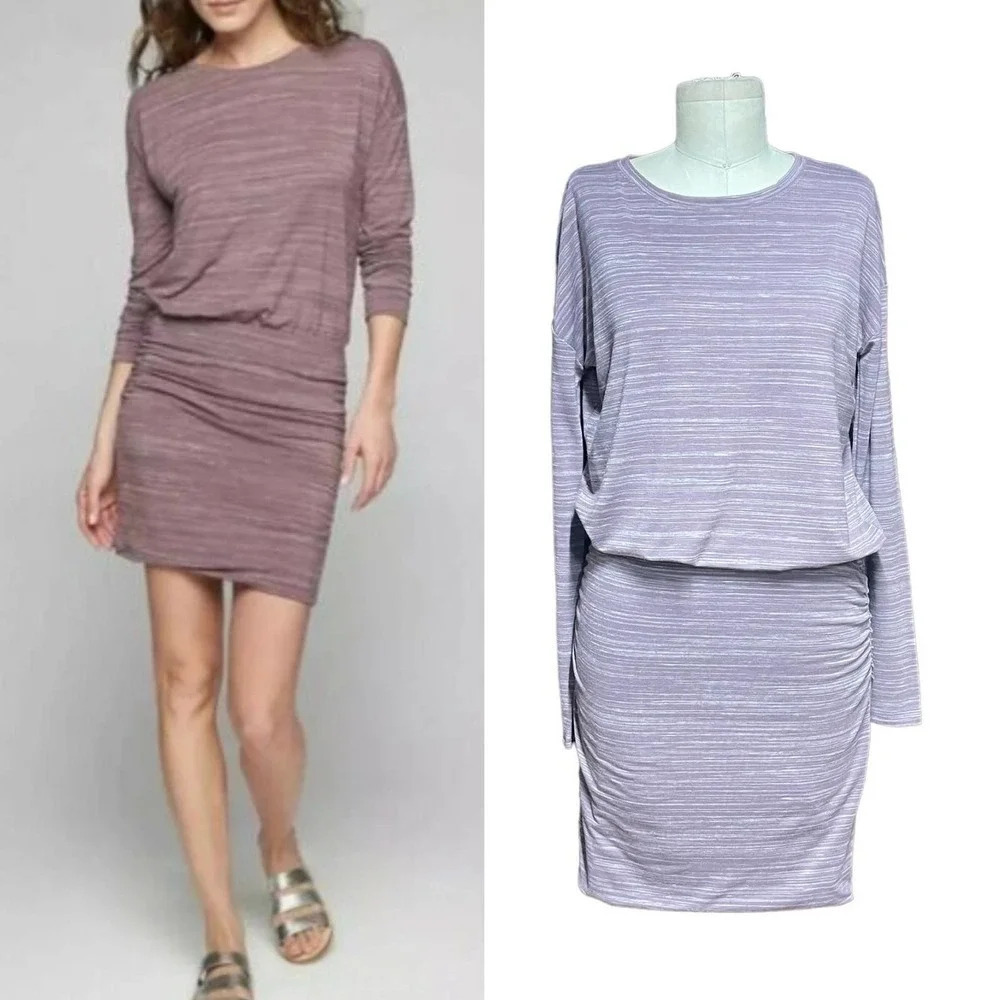 Athleta Avenue Long‎ Sleeve Ruched Jersey Dress Space Dye Purple Size XS